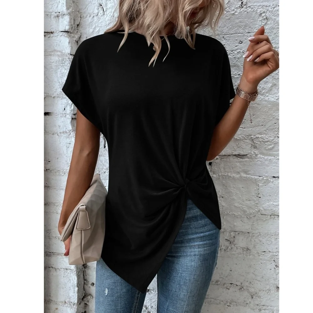 Twist Detail Black Tee Shirt Short Sleeve Round Neck - Picture 2 of 13